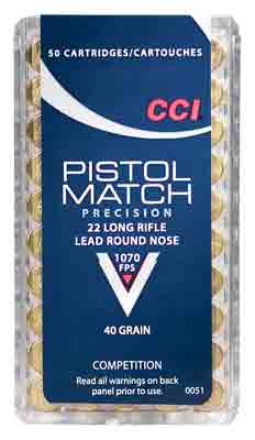 CCI PISTOL MATCH 22LR 40GR LEAD-RN 1070FPS 50RD 100BX/CS - for sale